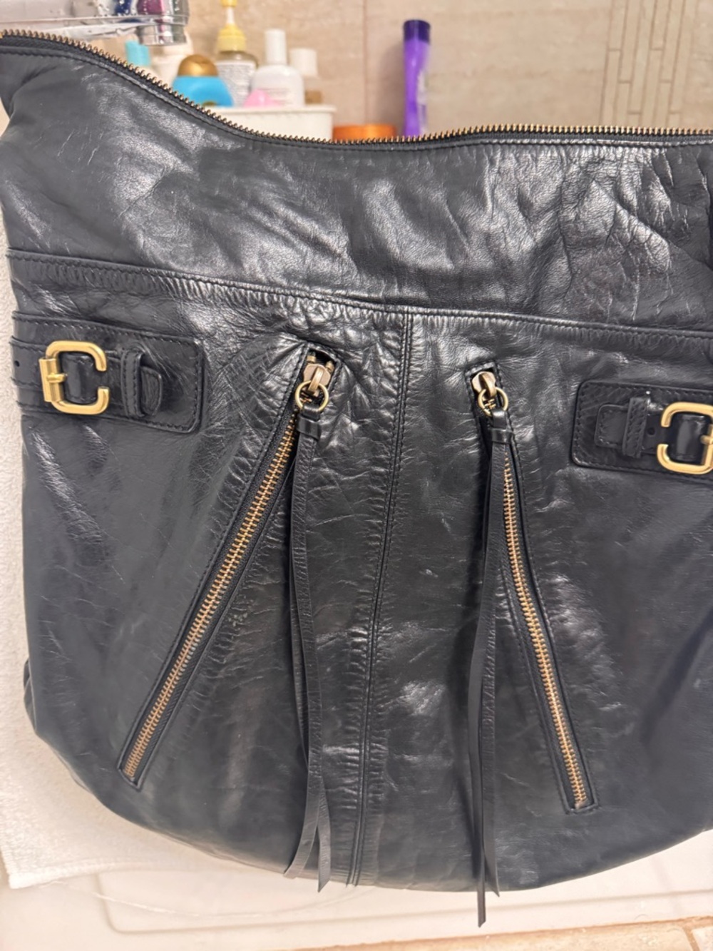 Club Monaco Black Leather Shoulder Bag with Gold Hardware